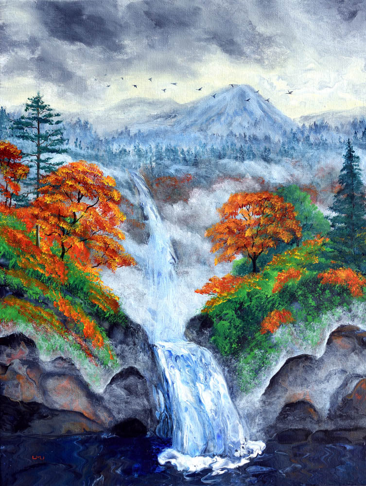 Waterfall in Autumn Mist Original Painting Laura Milnor Iverson