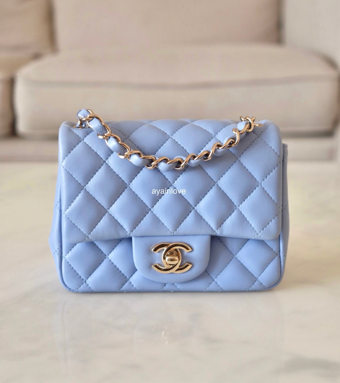 CHANEL 21C Sky Blue Lambskin Quilted Square Mini Flap Bag Light