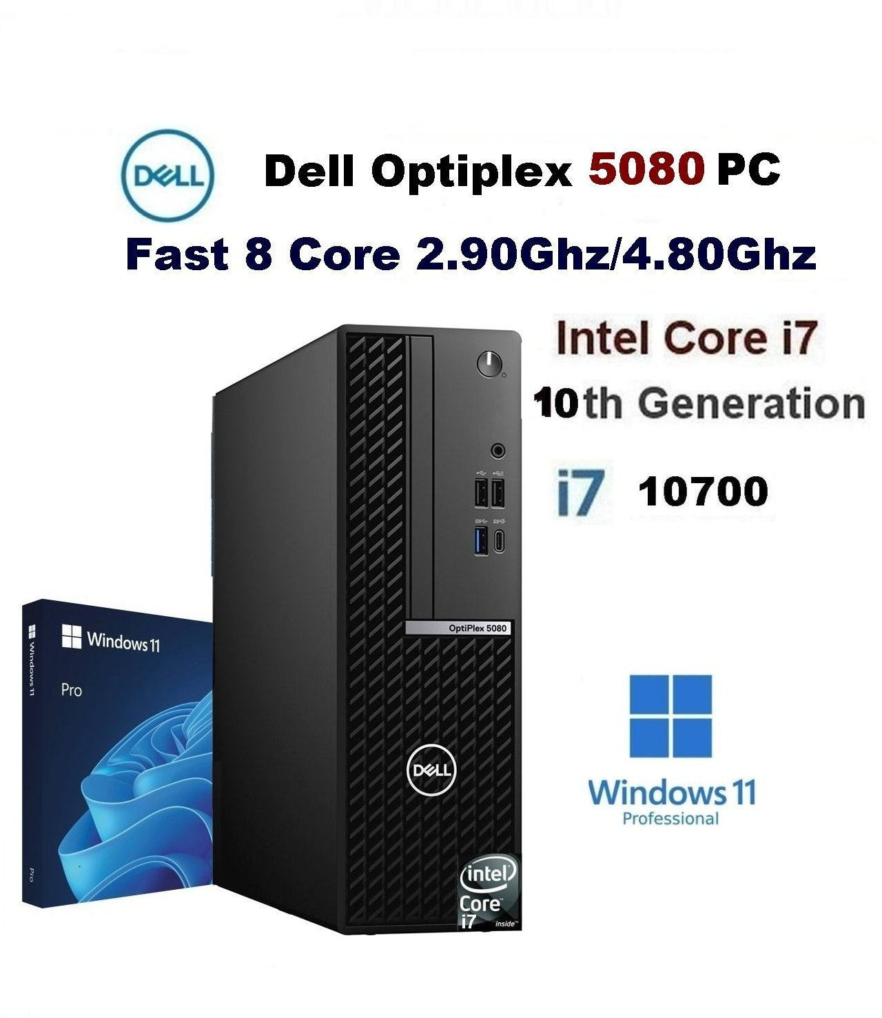 Fast 8 Core 2.90Ghz-4.80Ghz Intel-i7-10700 Dell Optiplex 5080 SFF PC 3