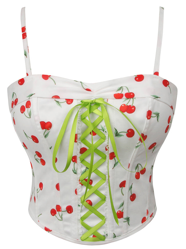 Y2K Spaghetti Strap Cute Cherry Print Lace Up Bustier Corset Crop