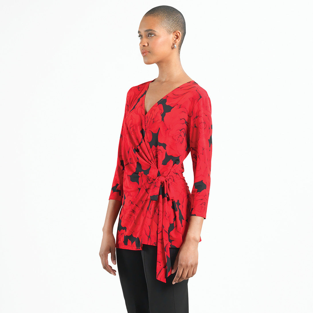 Surplice Faux Wrap Side Tie Tunic - Rose Floret - Final Sale