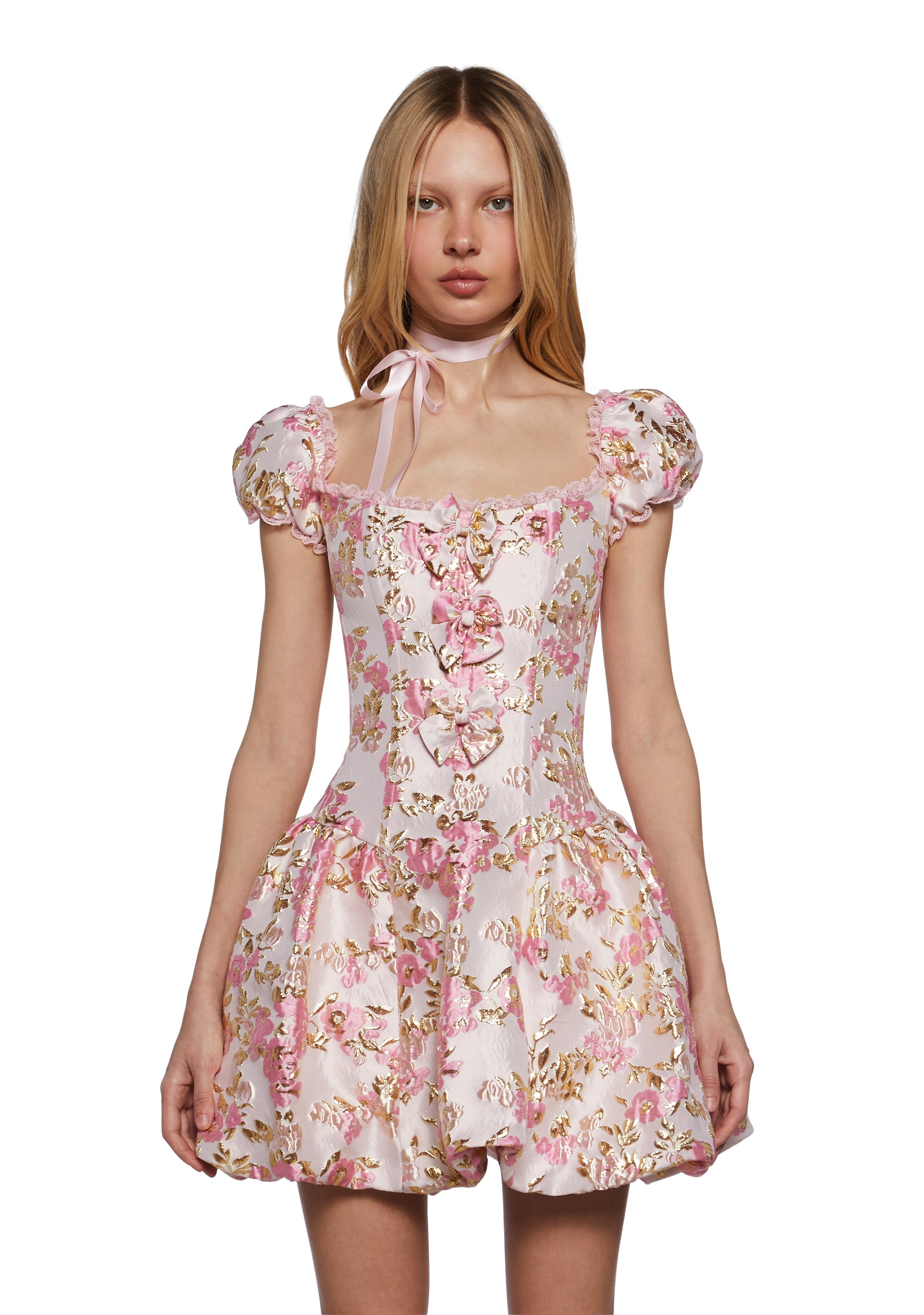 Floral Jacquard Puff Sleeve Bubble Hem Lace Mini Dress Sugar