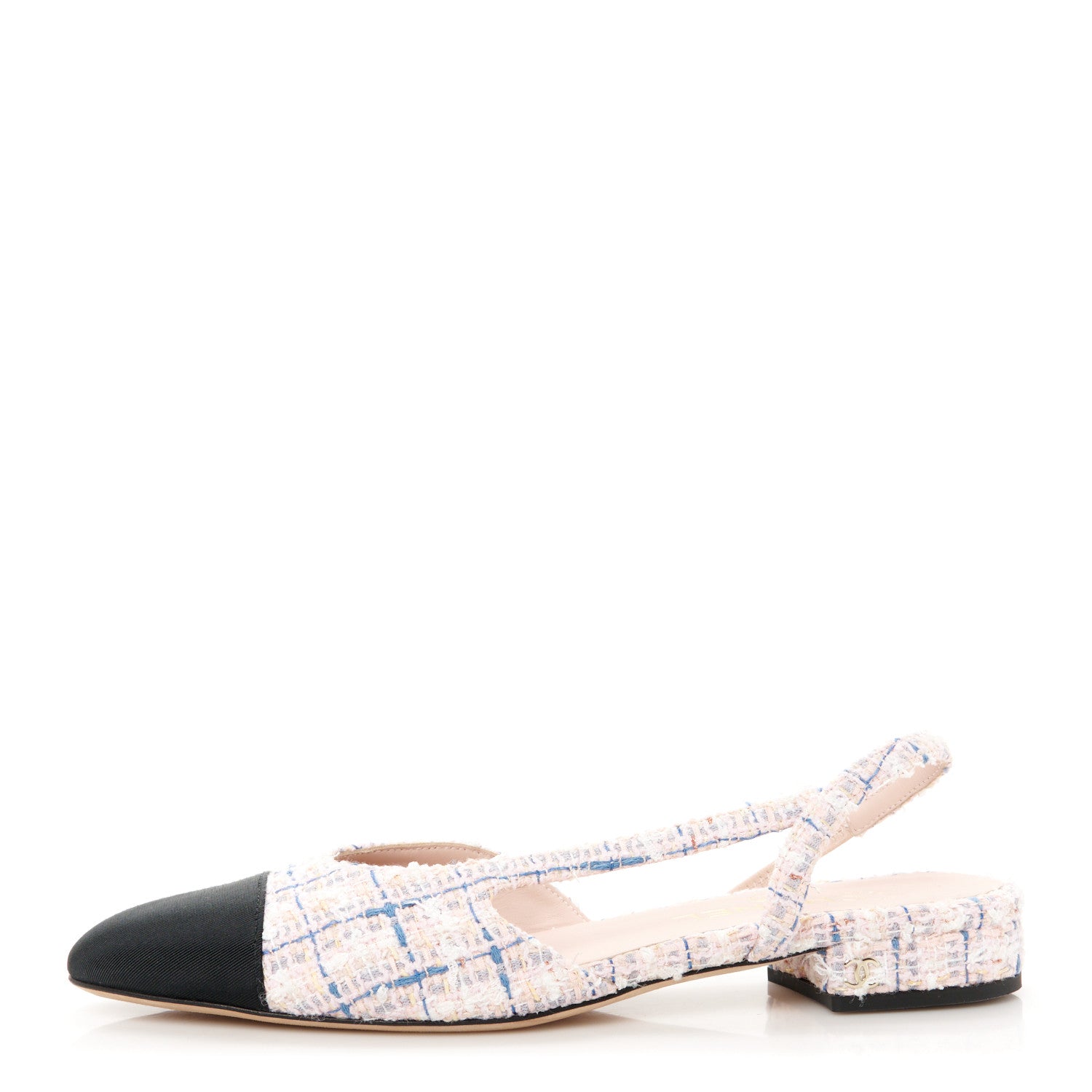 Chanel Tweed Grosgrain Cap Toe Slingback Flats 39 White Blue Pink