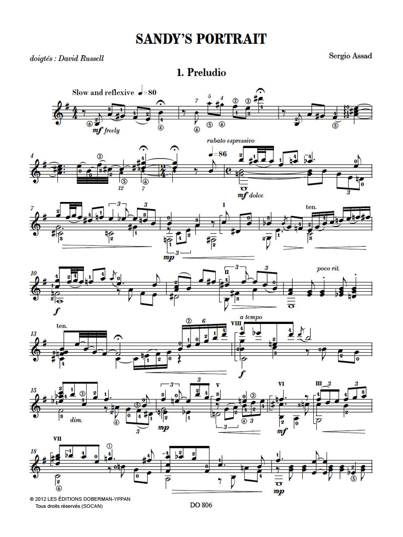 現代ギター | 【楽譜】アサド：サンディの肖像[ラッセル運指]