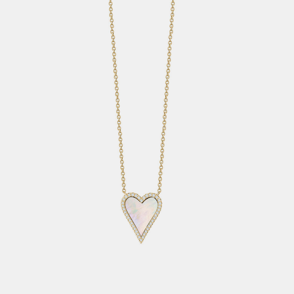Diamond Border Mother of Pearl Pointy Heart Necklace | Isaac Mayer