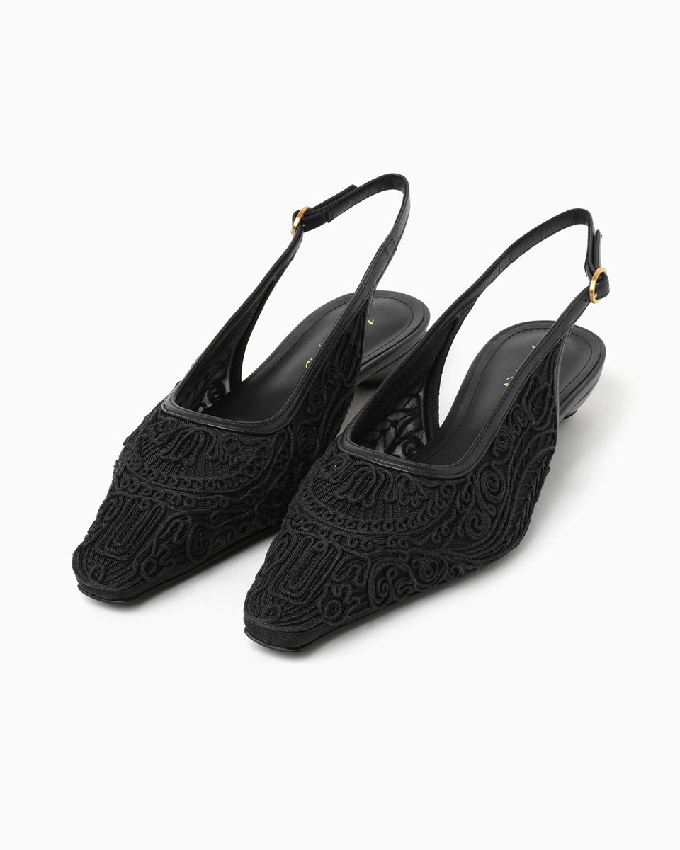 Cording Embroidery Sling Back Heels - black - Mame Kurogouchi