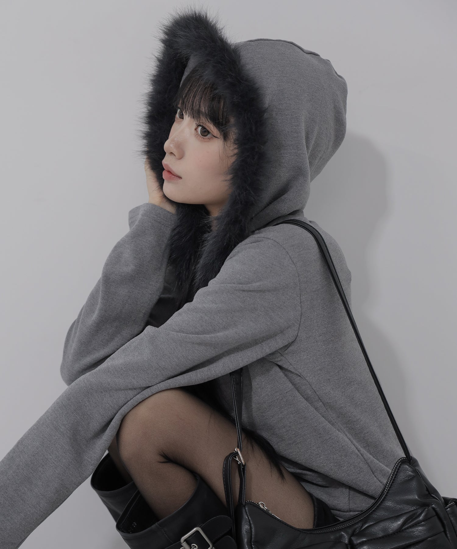 3color 】ファーフードジップアップパーカー ／ fur zipup hoodie