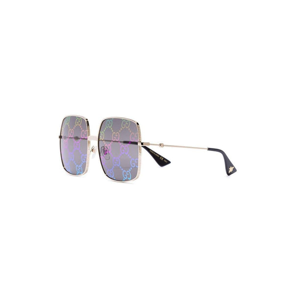 GUCCI Logo Rectangular Metal Frame Sunglasses, Gold Tone/ Multi
