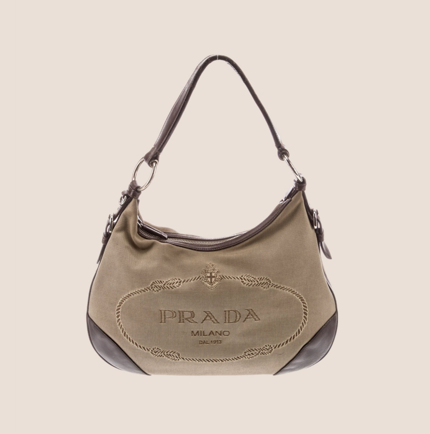 PRADA BEIGE & BROWN JACQUARD LOGO LARGE HOBO BAG – RDB