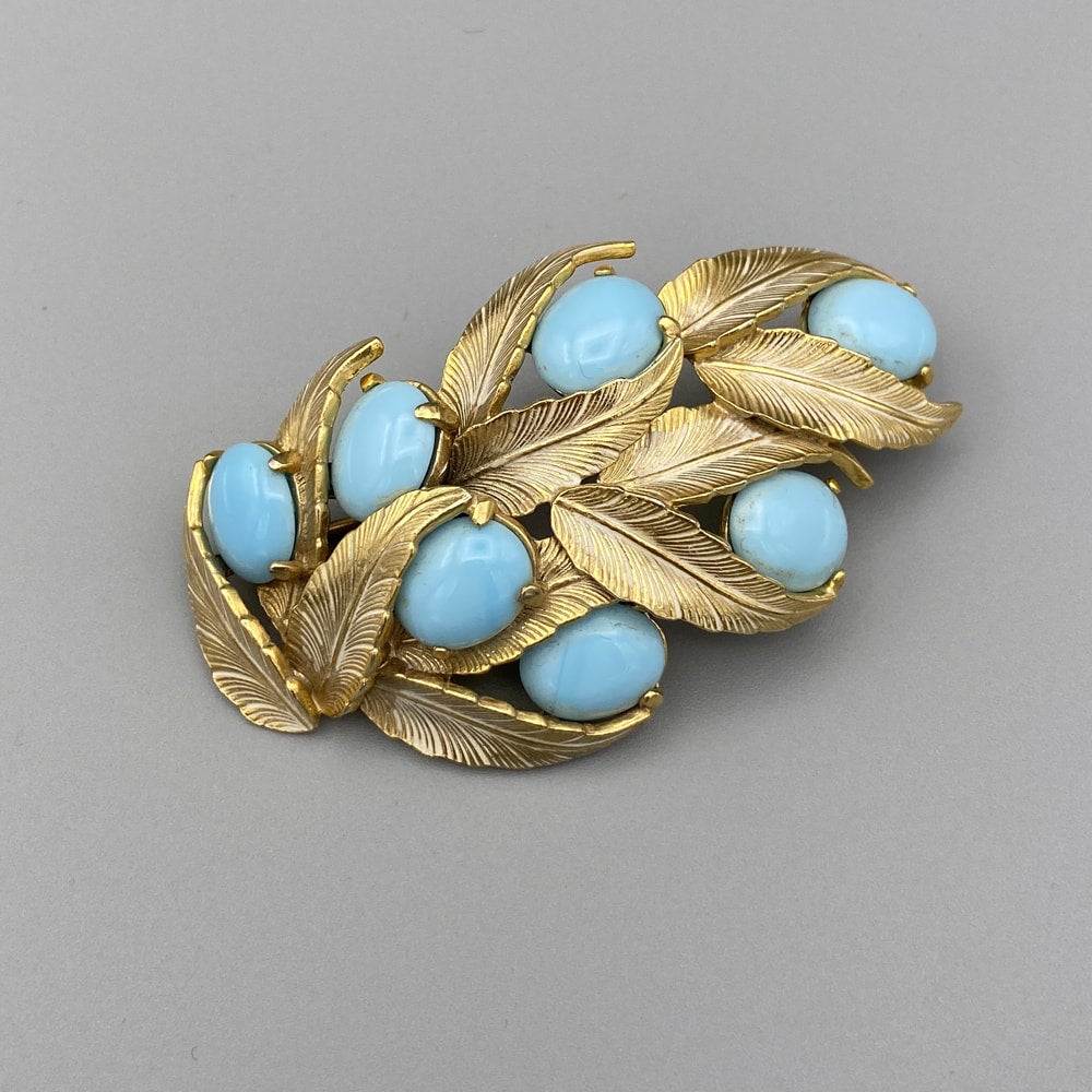 スキャパレリ ヴィンテージブローチ アクアブルー リーフモチーフ