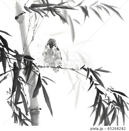 竹に雀 水墨画のイラスト素材 [65268282] - PIXTA