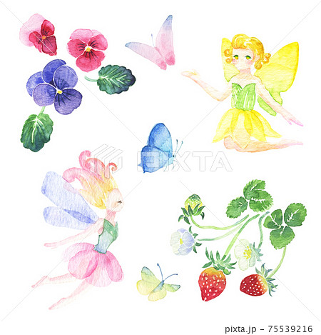 水彩画＞かわいい妖精、パンジー、イチゴ、蝶の手描きイラスト素材