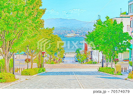 アニメ風] 北海道の夏 函館元町の坂のある風景 [八幡坂]のイラスト素材