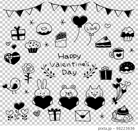 バレンタイン・ハート・スイーツの手描きイラスト素材セット 線画の
