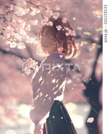 桜吹雪舞う中微笑する女性のイラスト素材 [102159133] - PIXTA