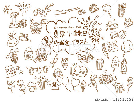 夏祭り・縁日 手描きイラストセット 線画のイラスト素材 [115516552