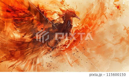 灰からよみがえる壮大なフェニックスの水墨画アートのイラスト素材