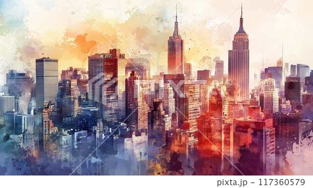 水彩が映す夕暮れの都市美：光と影が織りなす壮麗なスカイラインの