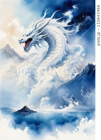 山に見える白龍 龍神 龍 の開運 水彩画イラストアート（AI生成画像）の