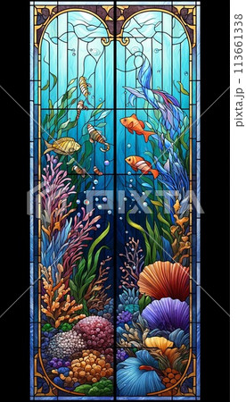 カラフルな海の中のステンドグラスのイラストのイラスト素材