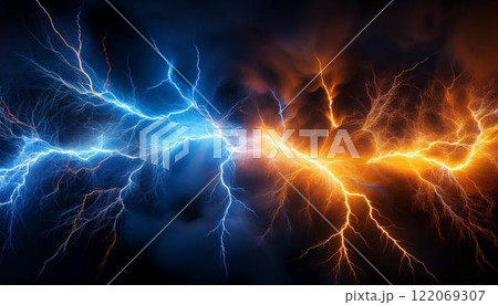 オレンジ色の稲光と青い色の稲光のイラスト素材 [122069307] - PIXTA