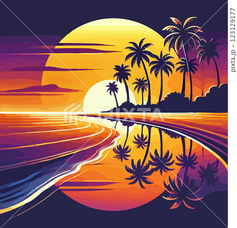 tropical beach sunset with palm trees illustrationのイラスト素材