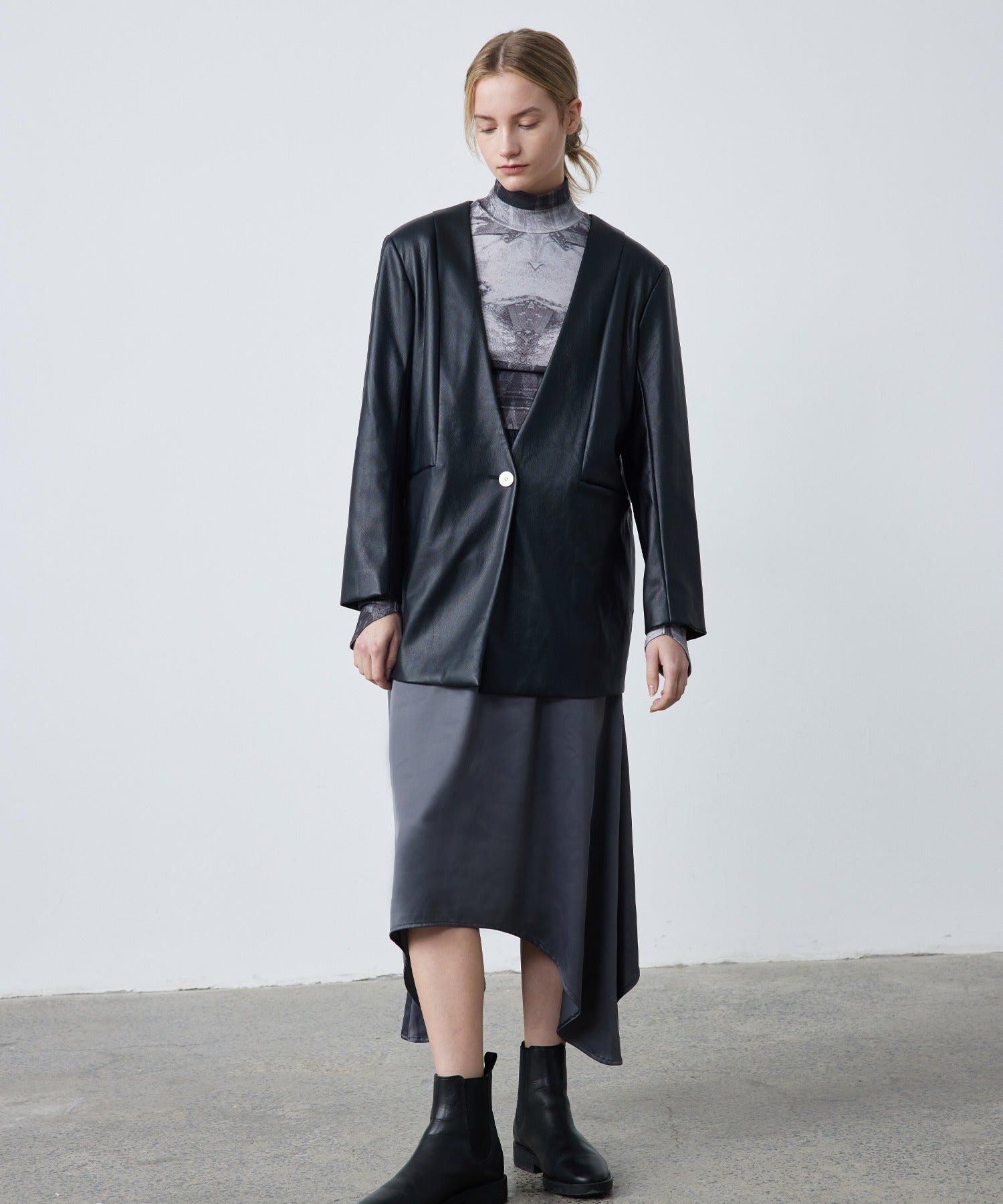 Faux Leather No-Collar Jacket