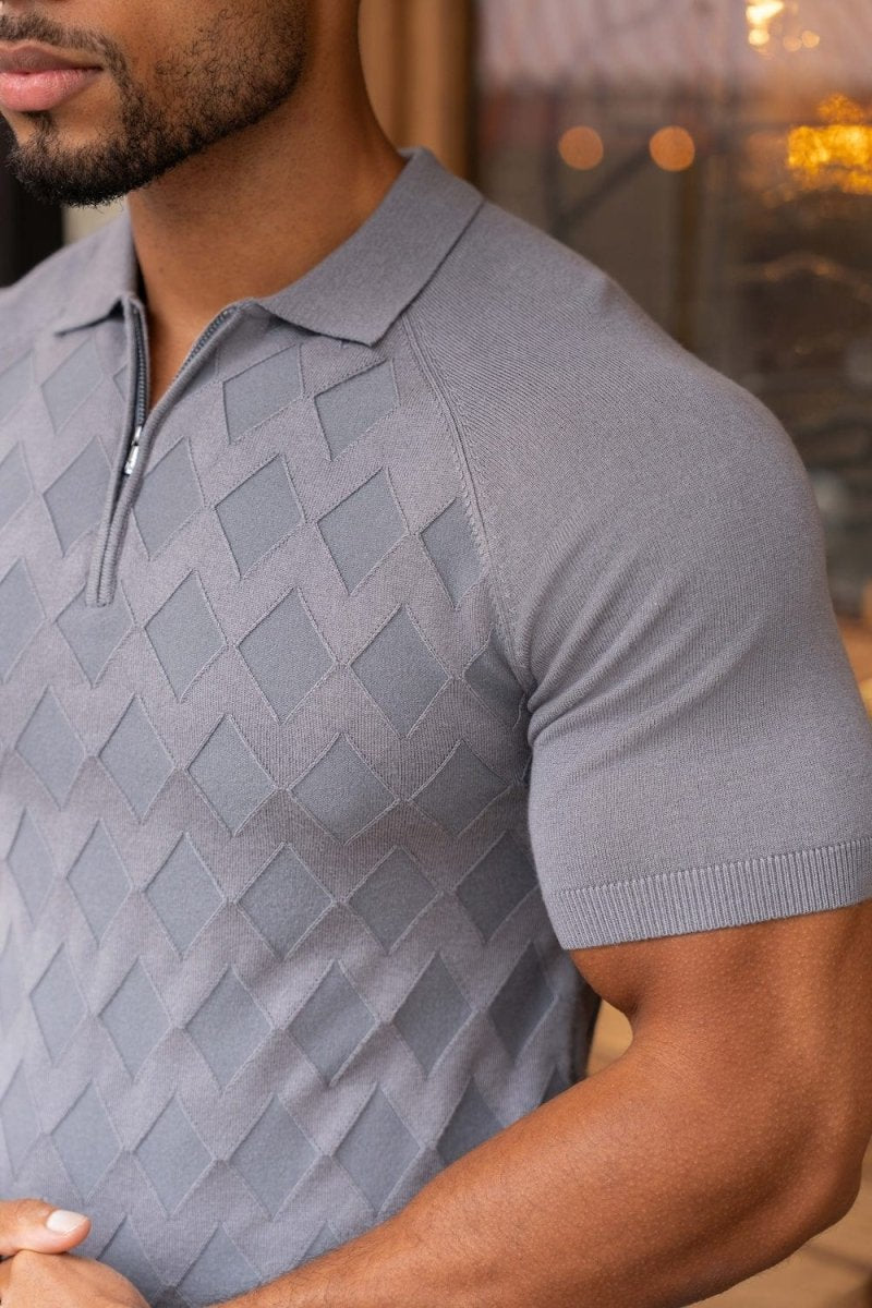 Diamond Jacquard Knitted Polo Shirt in Smoky Charcoal