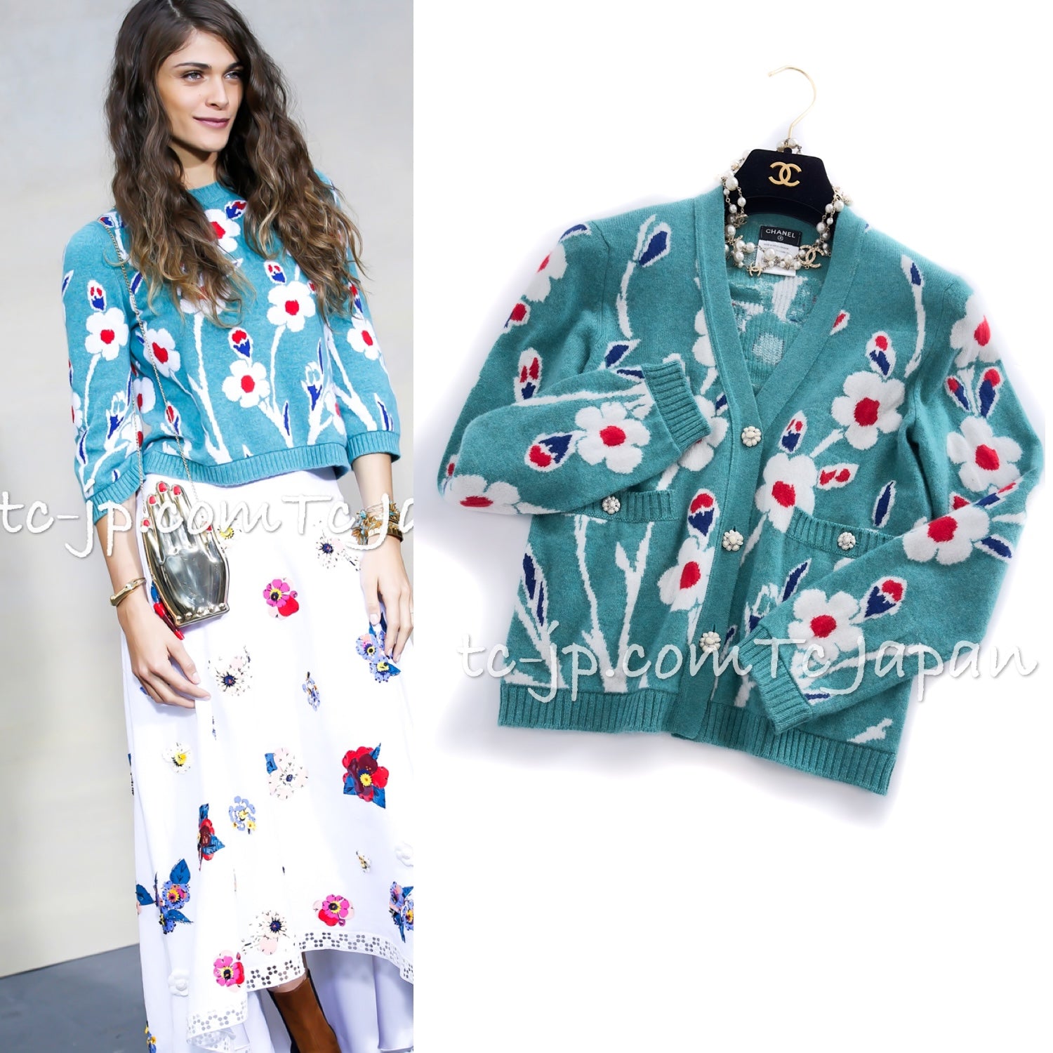 シャネル カーディガン CHANEL グリーン ターコイズ フラワー柄