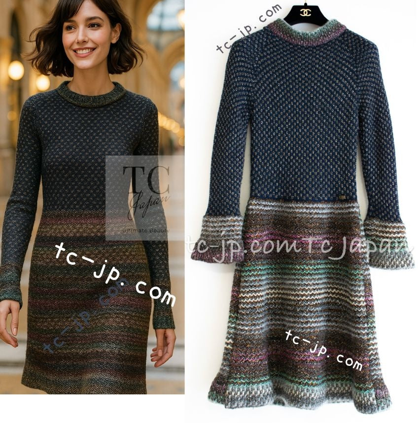 シャネル ワンピース CHANEL ネイビー ミックス メタリック ニット