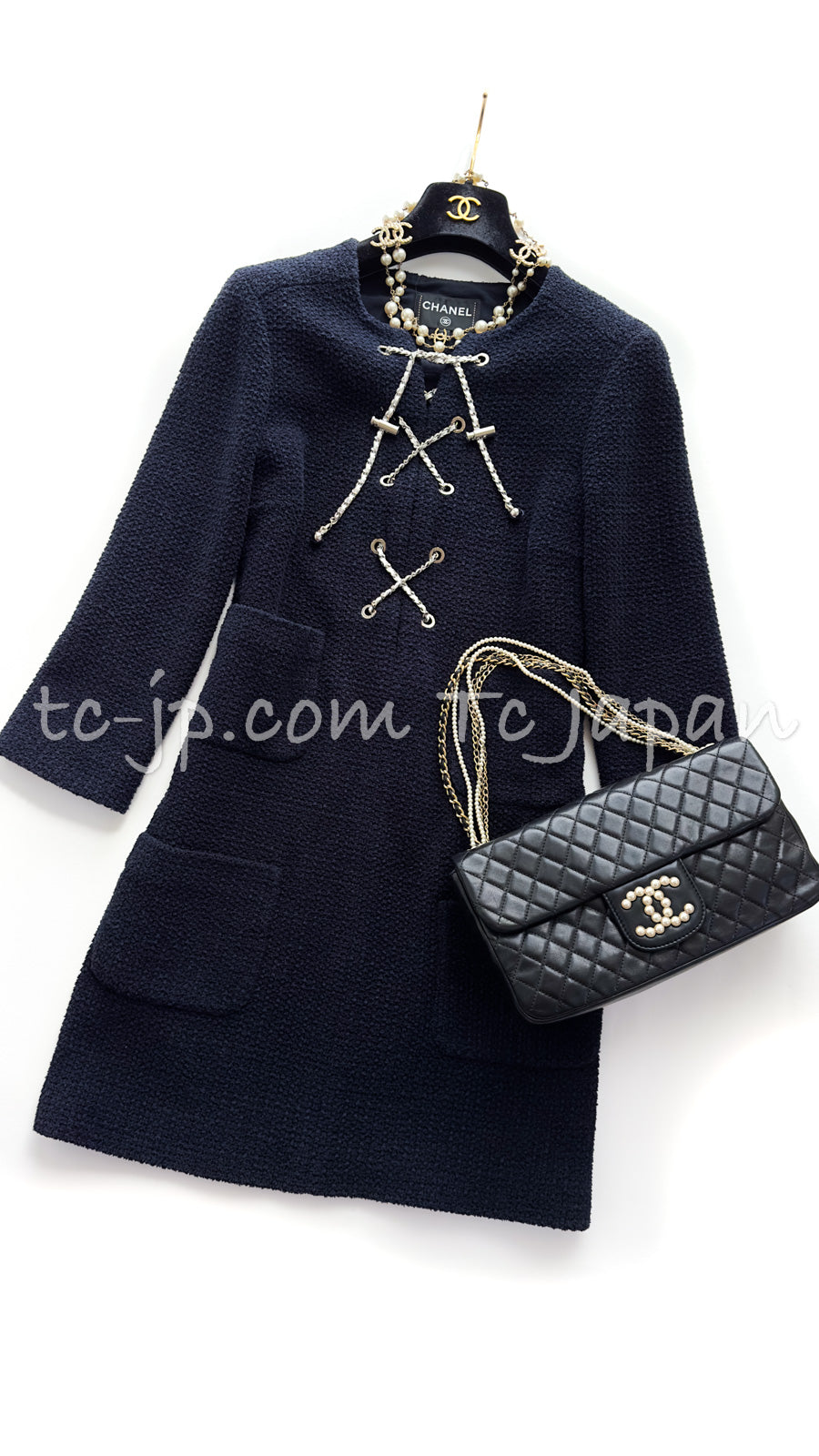 シャネル ワンピース CHANEL ネイビー チェーン装飾 コットン 21PS