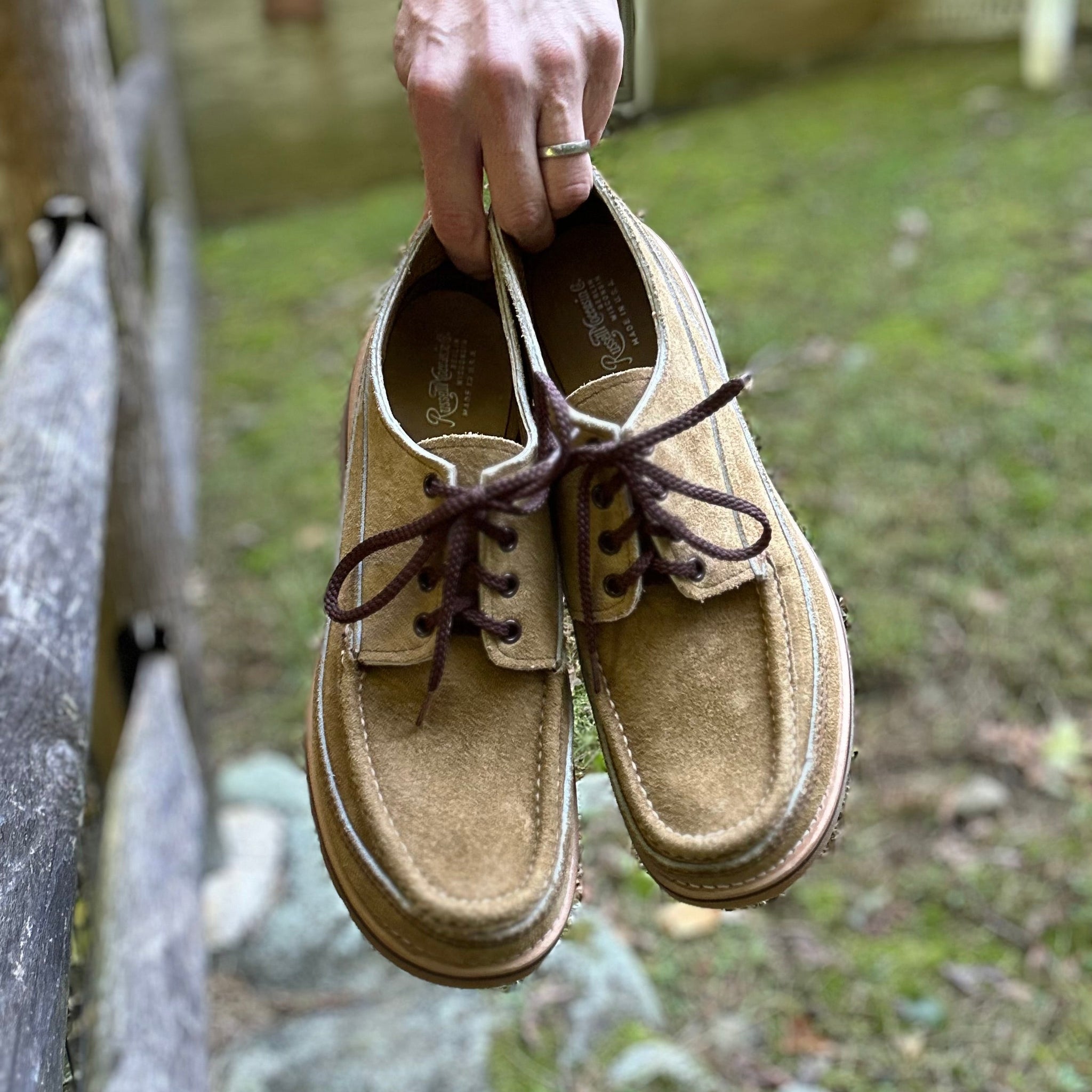 Russell Moccasin x Stitchdown Fishing Oxford—Tan Laramie Suede