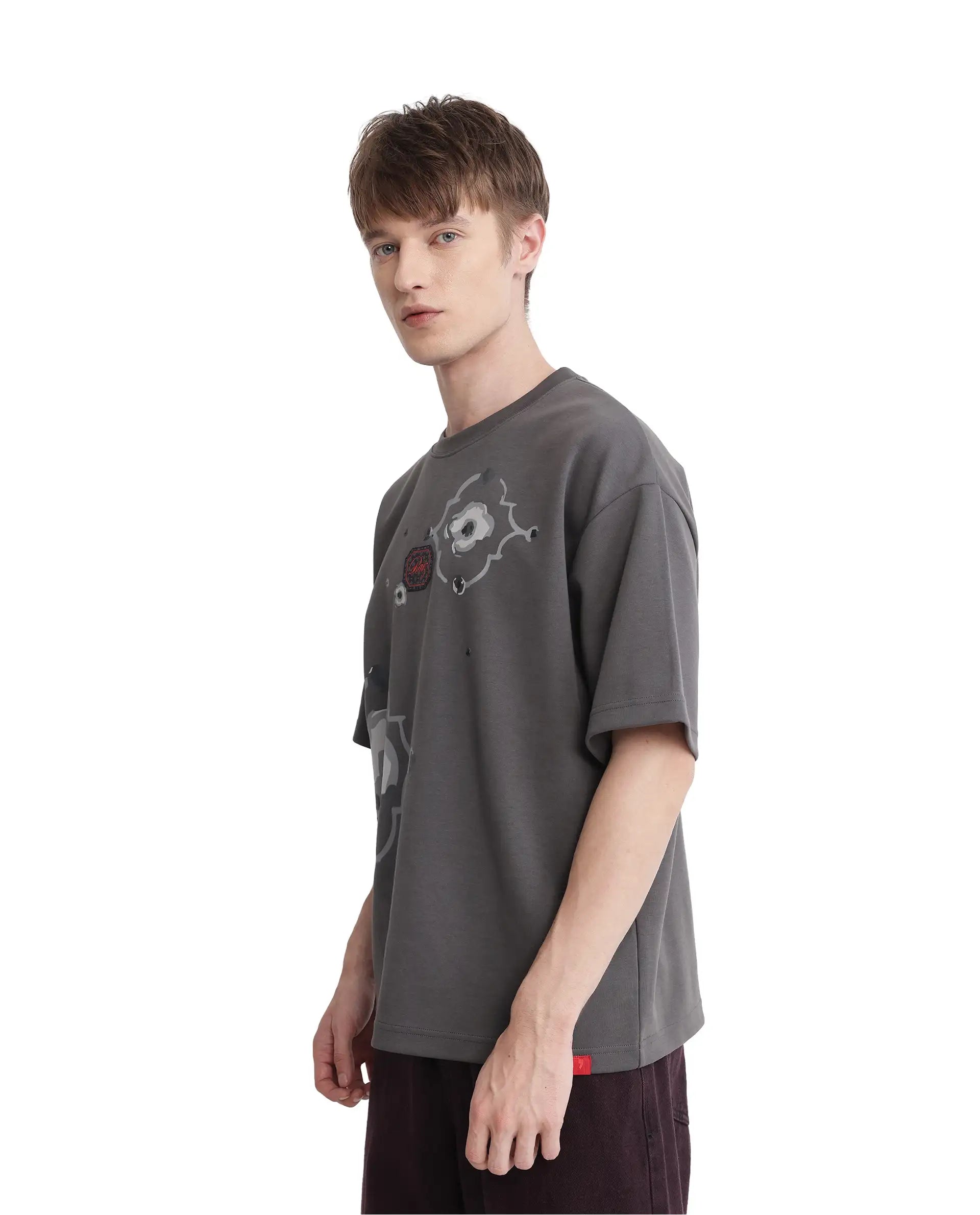 Rare Rabbit Men's Fonz Dark Grey Cotton Blend Graphic Print Oversized