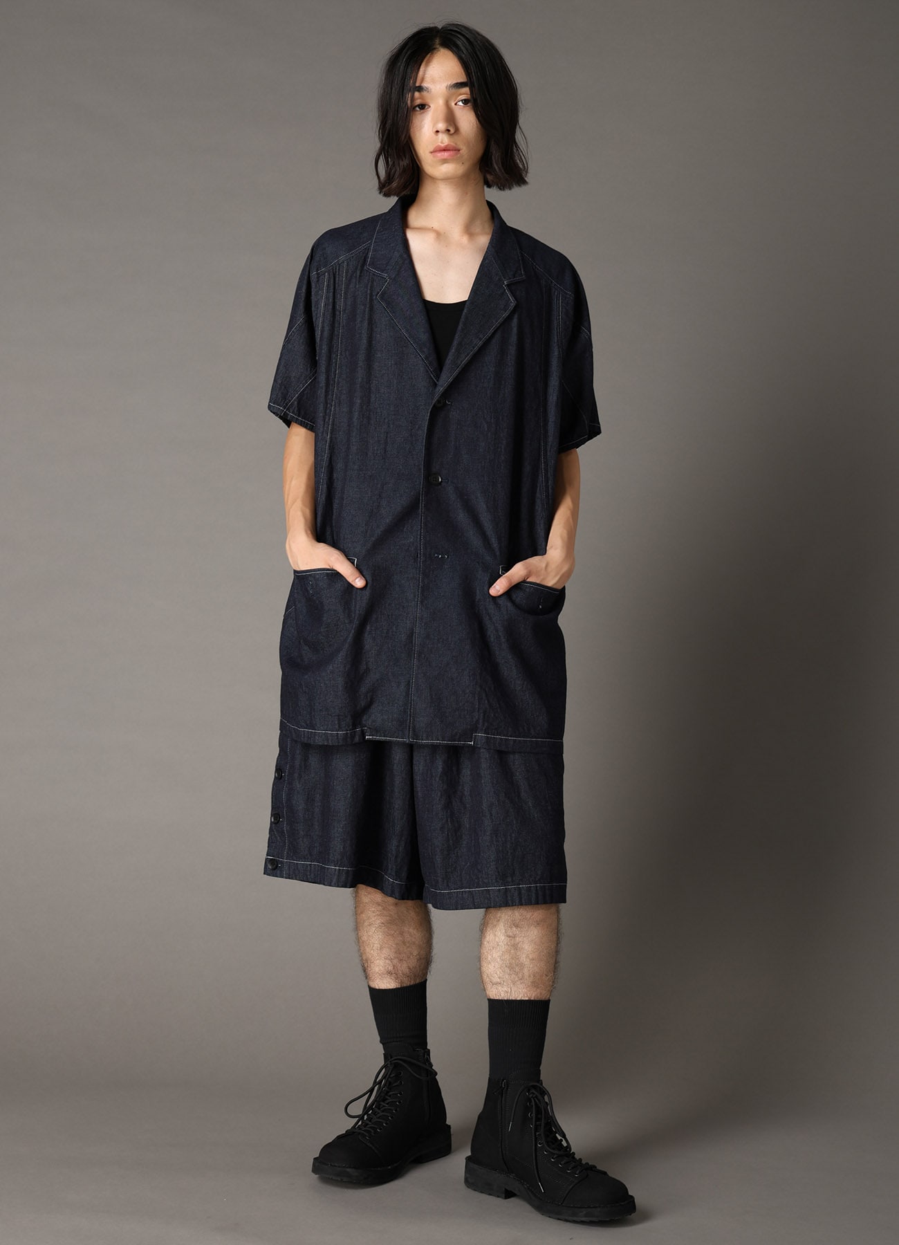 8oz SLUB DENIM SIDE BUTTON SHORT PANTS(FREE SIZE Indigo): Ground Y