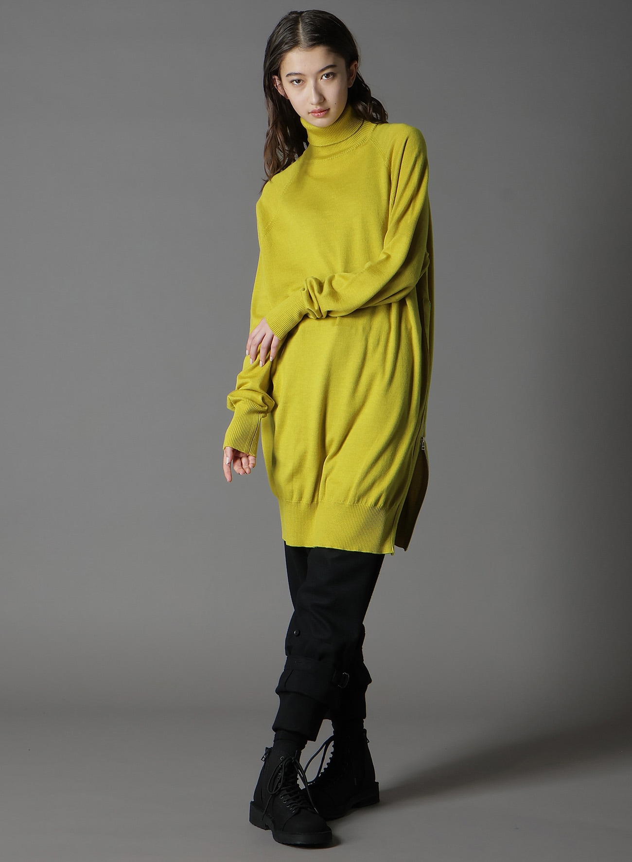 MERINO WOOL LEFT ZIPPER RAGLAN SLEEVE TURTLENECK(FREE SIZE Yellow