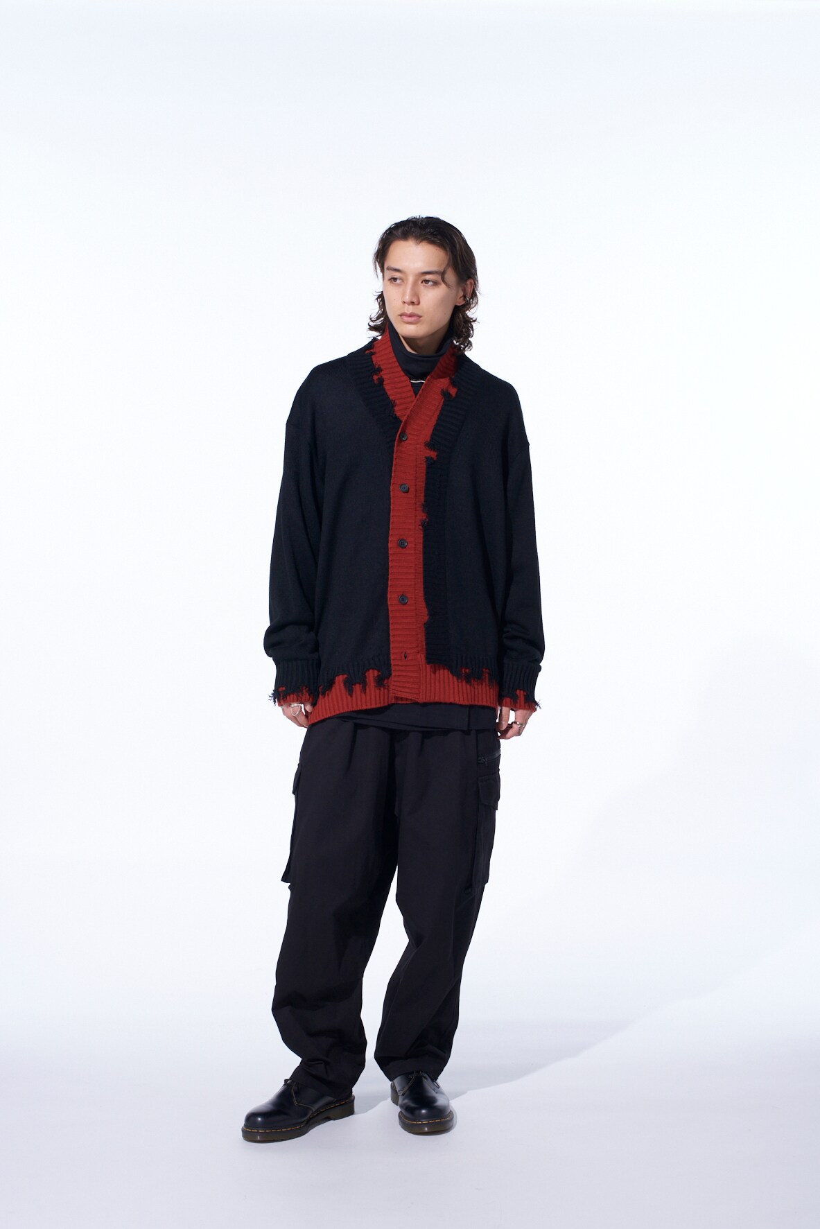 CORPILON BULKY WOOL COLOR-BLOCKED DAMAGE CARDIGAN(M Black x Terra