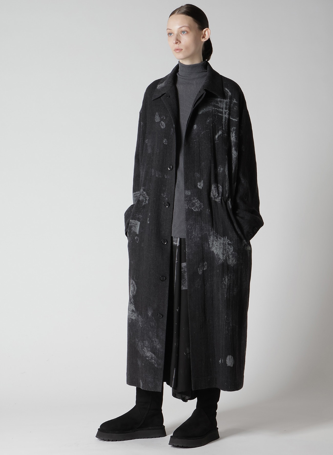 CUPRO BLURRY FLOWER PRINT RIGHT-SIDE GATEHRED PANTS(XS Grey