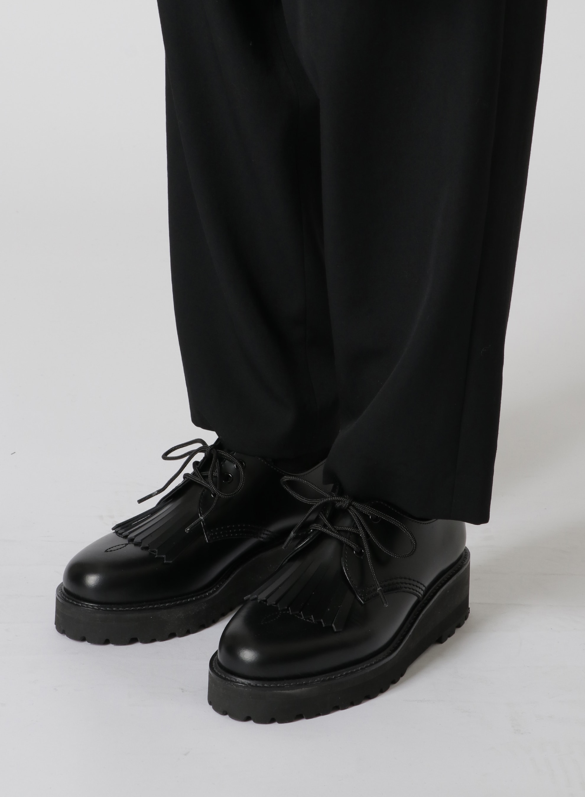 GLASS LEATHER FRINGE TONGUE SHOES(22.5 Black X Black): Vintage