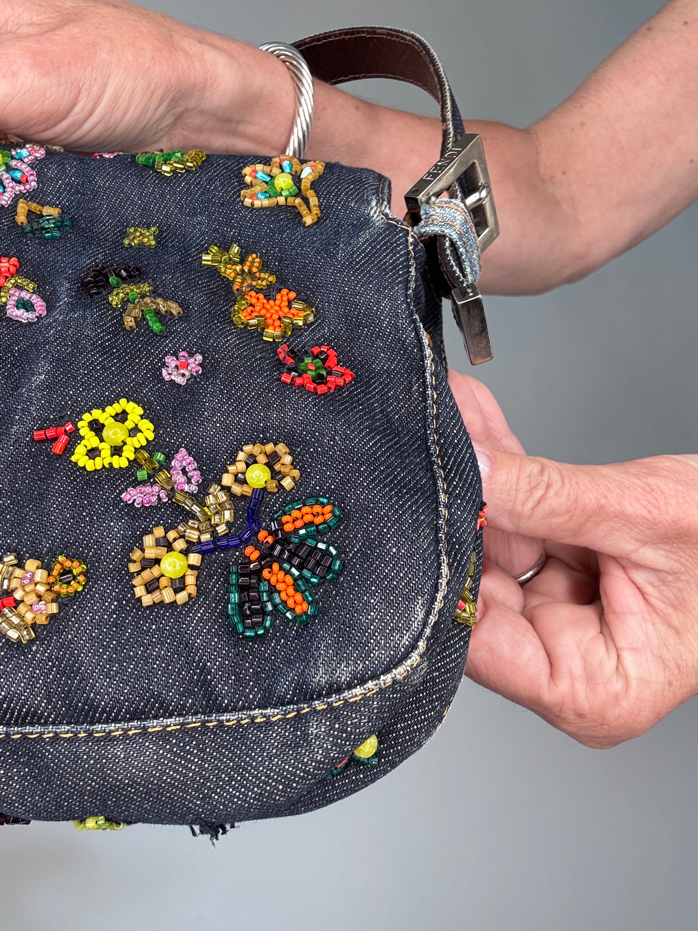 Fendi Floral Beaded Denim Baguette – thestilstyle