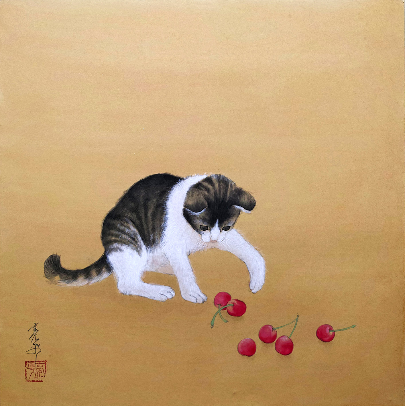 桜桃と猫 | 大串亮平 ｜インテリア絵画 アートの専門通販