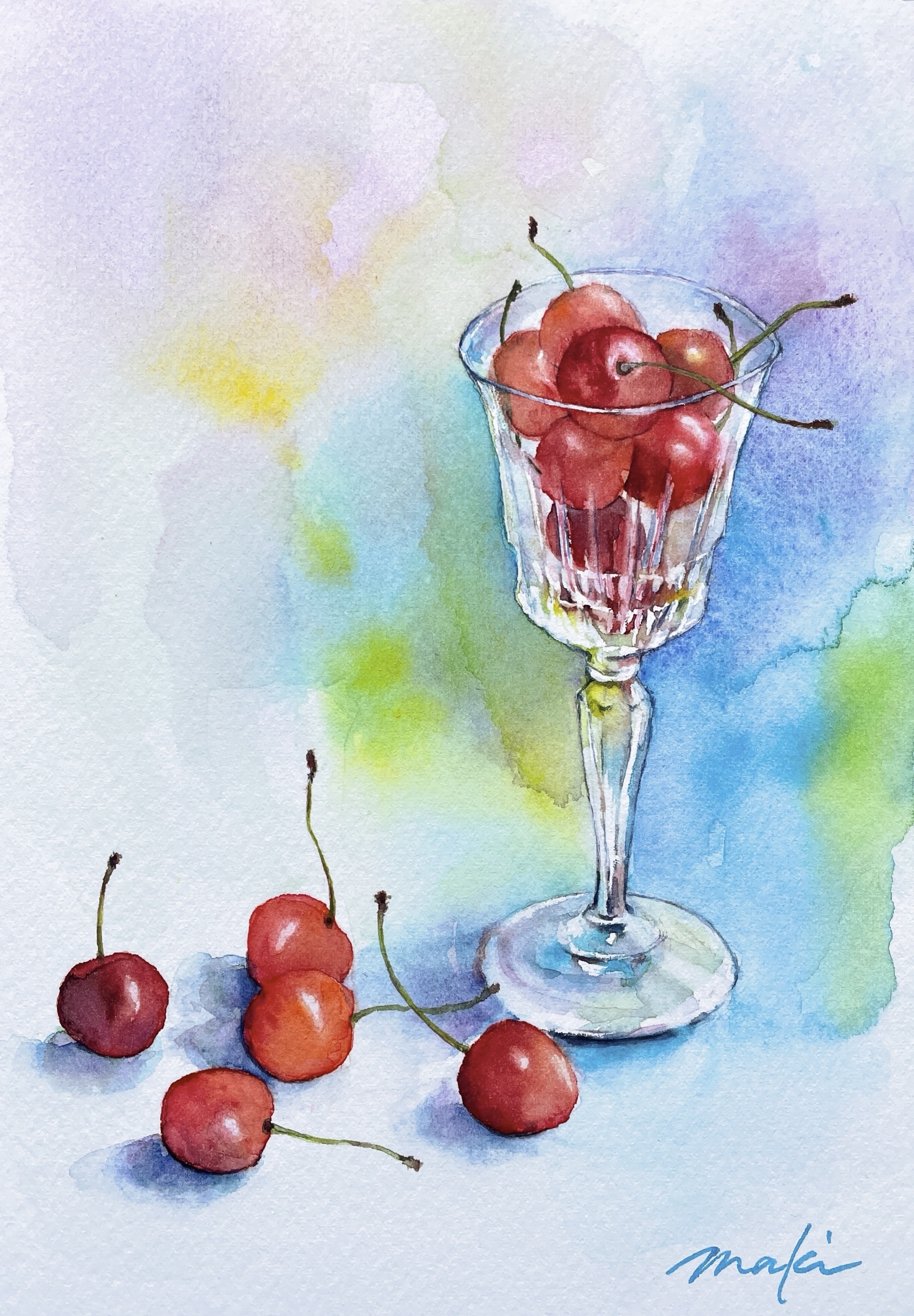 グラスとさくらんぼ | Maki Miyagawa ｜インテリア絵画 アートの専門