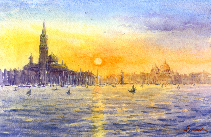 水彩画原画 ヴェネツィア夕日5 ＃454 | syoumei ｜インテリア絵画