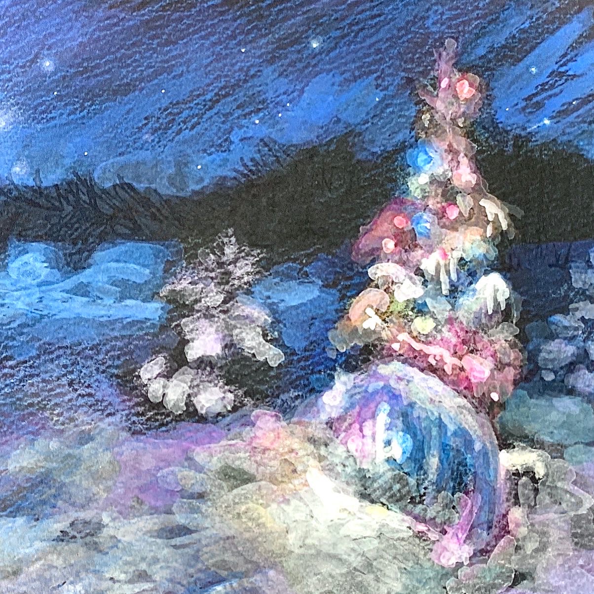 アクリル画 〖 森の夜 〗アクリル絵具・色鉛筆（ A4サイズ 額入り