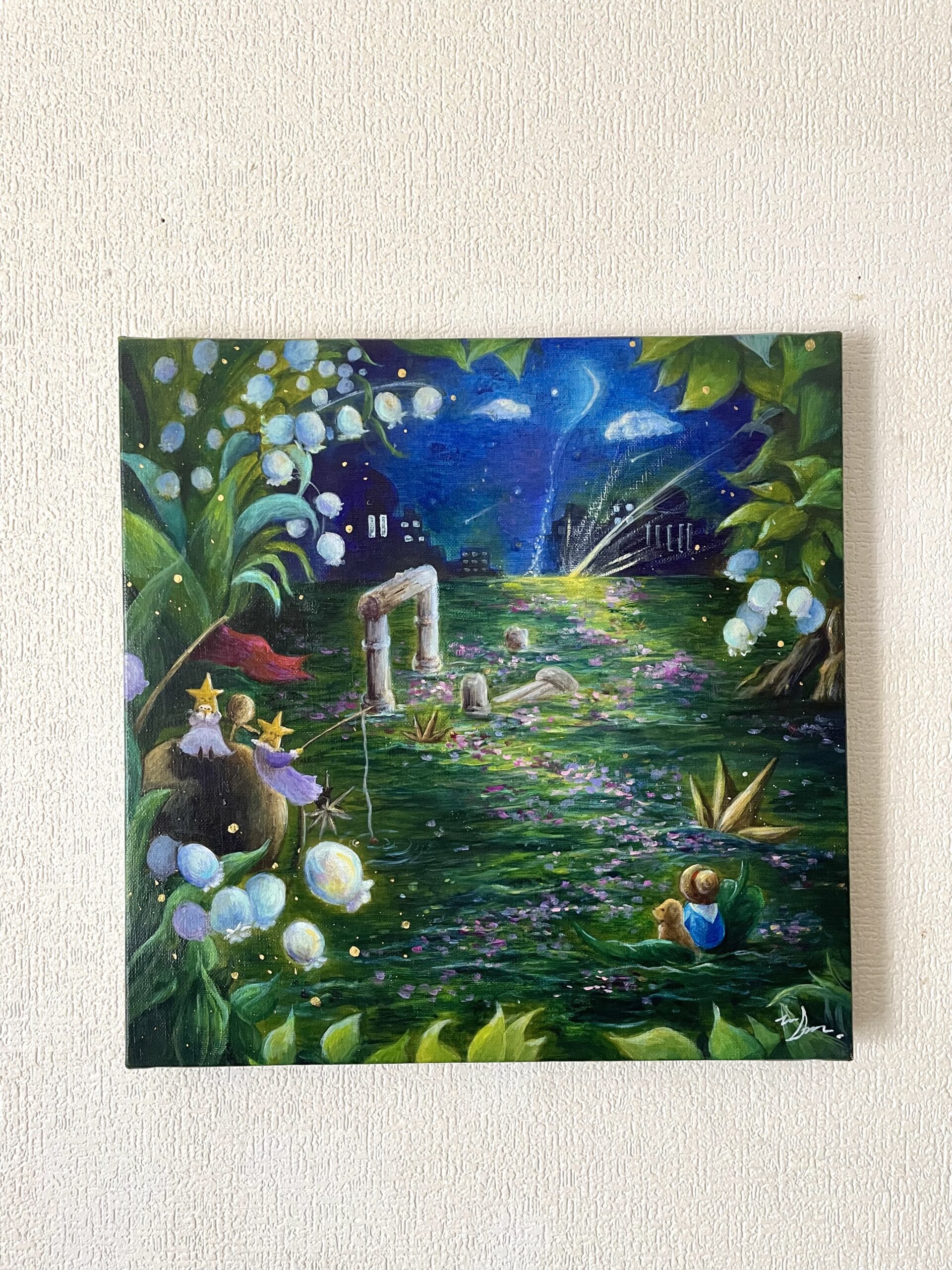 アクリル原画】淡いすずらんとグリーンファンタジーな世界 〜葉の船に