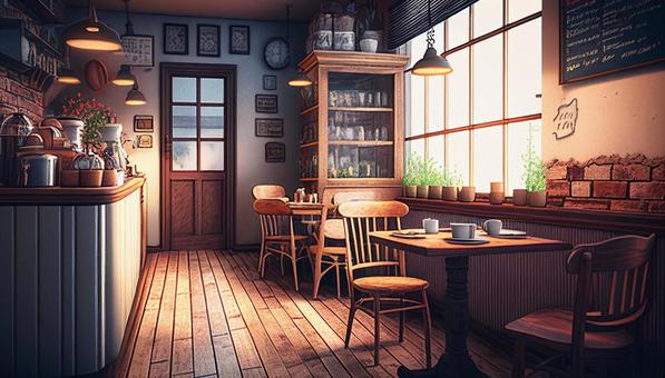 カフェ＿木製のオシャレな内装の風景画イラスト - No: 23550208｜無料