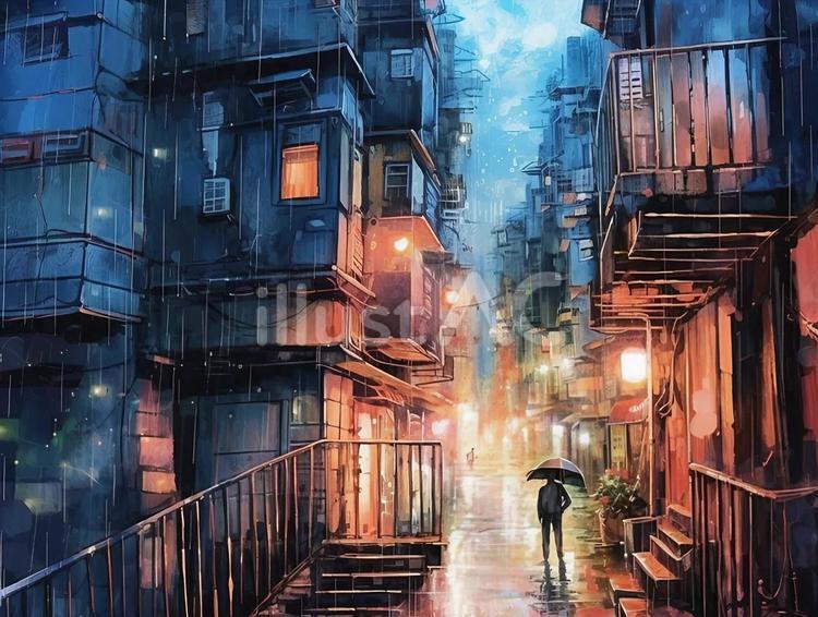 雨の降る夜の街の風景イラスト - No: 23869610｜無料イラスト・フリー