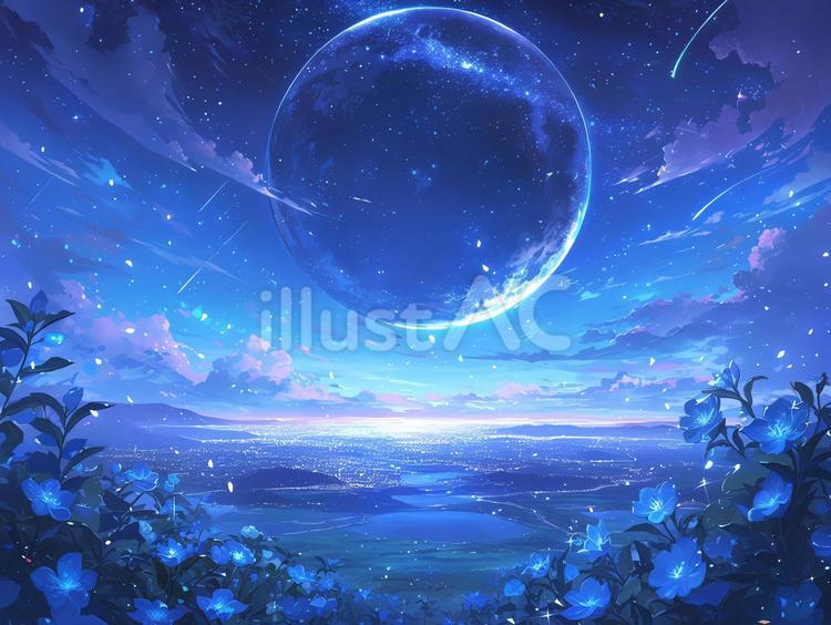 幻想的な月夜の花咲く夜景_背景イラストイラスト - No: 25275554｜無料