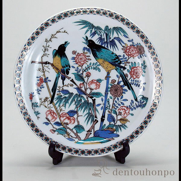 九谷焼 大雅作 飾皿 46cm 箱、スタンド付き 九谷焼 大雅 鉢皿 九谷焼