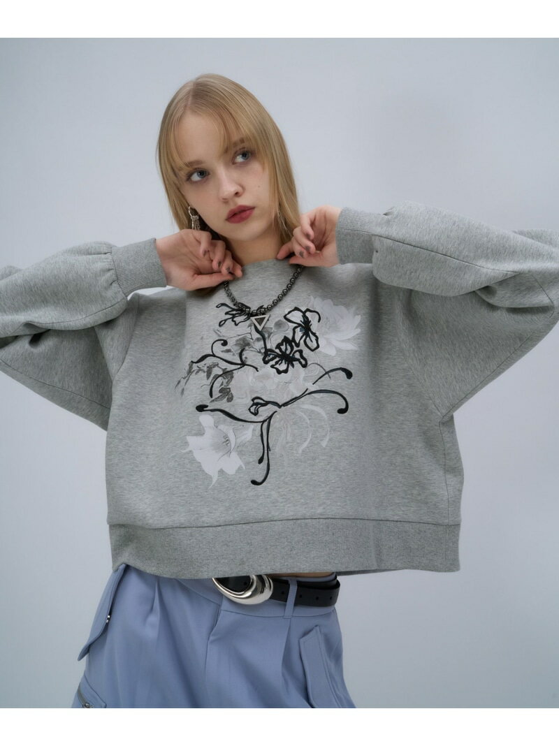ビアズリー 袖パフトレーナー グレー 花柄 ビアズリー 袖パフ