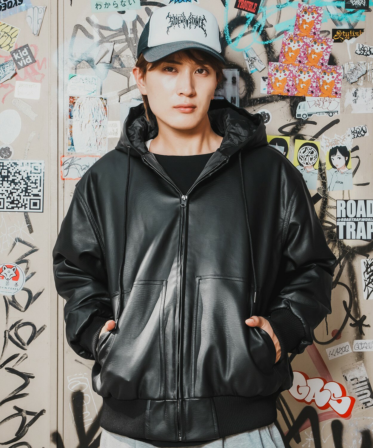 COACH レザーパーカー ラムレザー L フード付き ジップアップ ブラック